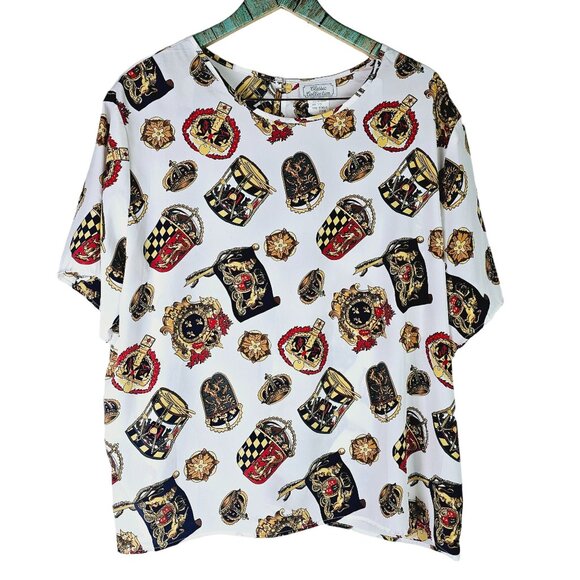 Vintage 1990's Classic Collection Silky Royalty Boroque Crest Flag Blouse, Sz 20 - Picture 1 of 6